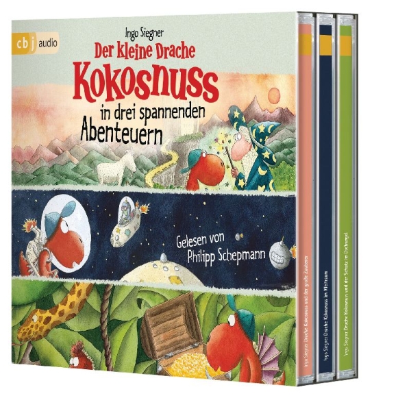 Buchcover und Innenansicht für das Buch: Der kleine Drache Kokosnuss in drei spannenden Abenteuern