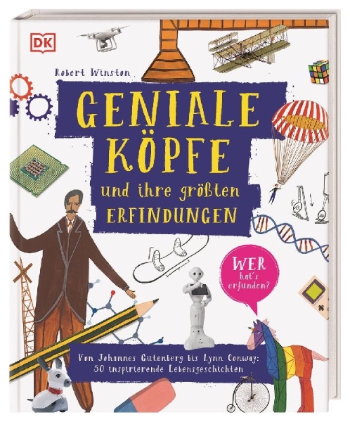 Buchcover und Innenansicht für das Buch: Geniale Köpfe und ihre größten Erfindungen