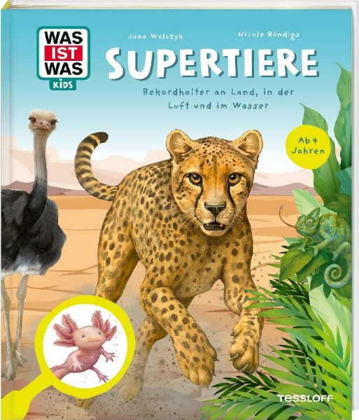 Buchcover und Innenansicht für das Buch: WAS IST WAS Kids Supertiere. Rekordhalter an Land, in der Luft und im Wasser