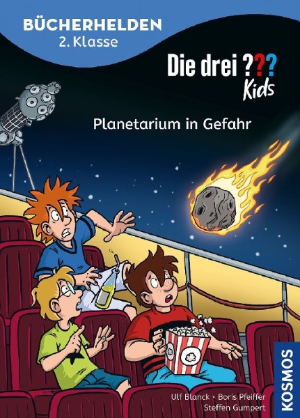 Buchcover und Innenansicht für das Buch: Die drei ??? Kids, Bücherhelden 2. Klasse, Planetarium in Gefahr