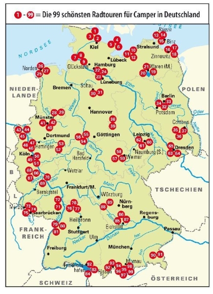 Buchcover und Innenansicht für das Buch: Die 99 schönsten Radtouren für Camper in Deutschland