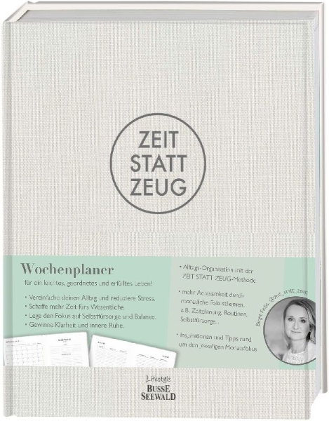 Buchcover und Innenansicht für das Buch: Zeit statt Zeug: Wochenplaner