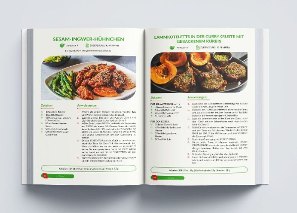 Buchcover und Innenansicht für das Buch: Ninja Heißluftfritteuse Rezeptbuch XXL: Zwei Zonen, unendliche Möglichkeiten - Mit vielfältigen einfachen Gerichten, Tipps & Tricks | Das Airfryer Kochbuch für die Dual Zone