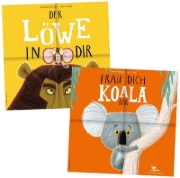 Buchcover und Innenansicht für das Buch: "Der Löwe in dir" und "Trau dich, Koalabär" (Audio-CD)