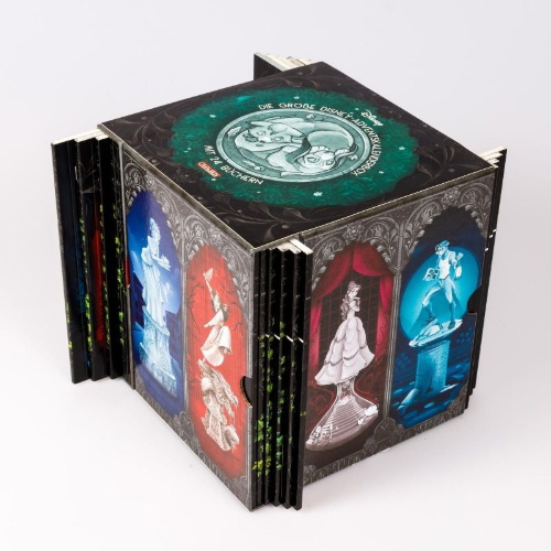 Buchcover und Innenansicht für das Buch: Disney: Die große Disney-Adventskalender-Box 2025 - Zauberhafte Weihnachts-Box mit 24 Büchern und 1.152 Seiten für Young Adults
