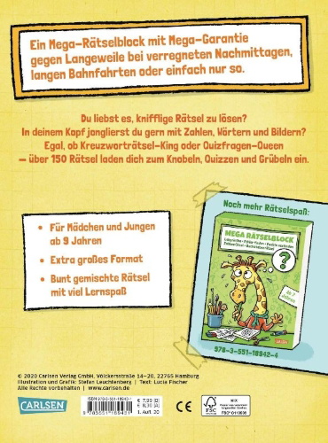 Buchcover und Innenansicht für das Buch: Mega Rätselblock - Kreuzworträtsel, Quizfragen, Knobeleien, Wörterrätsel, Zahlenrätsel