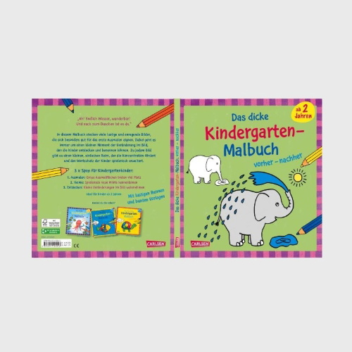 Buchcover und Innenansicht für das Buch: Ausmalbilder für Kita-Kinder: Das dicke Kindergarten-Malbuch: vorher und nachher