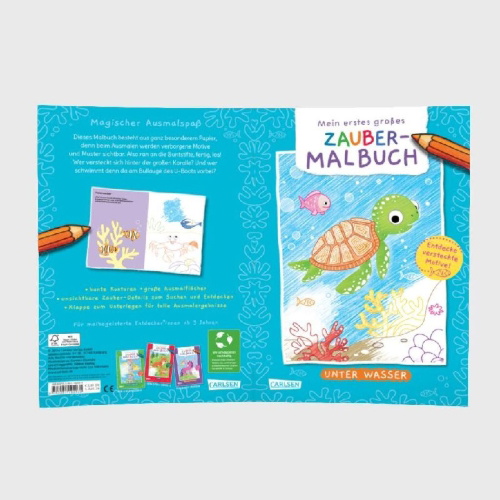 Buchcover und Innenansicht für das Buch: Ausmalbilder für Kita-Kinder: Mein erstes großes Zauber-Malbuch: Unter Wasser