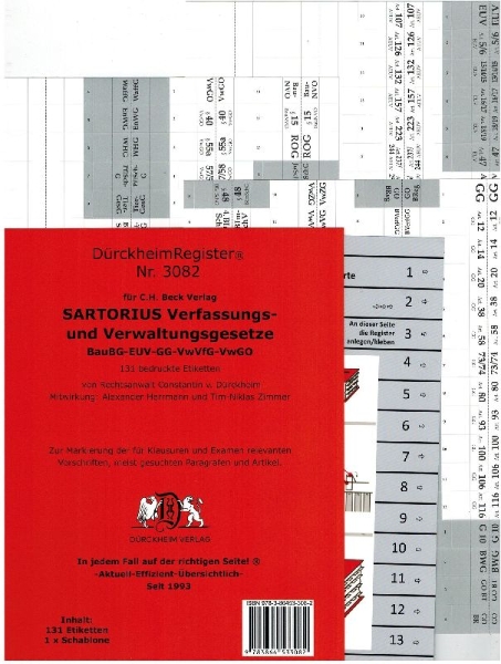 Buchcover und Innenansicht für das Buch: DürckheimRegister SARTORIUS 3082 - Verwaltungs- und Verfassungsgesetze 2022