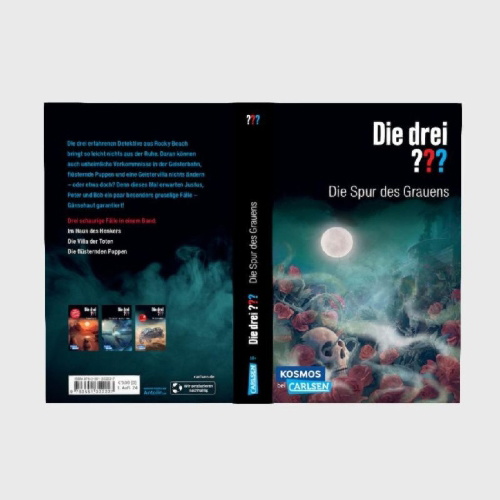 Buchcover und Innenansicht für das Buch: Die drei ???: Die Spur des Grauens. Dreifachband (Enthält die Bände: Im Haus des Henkers, Die Villa der Toten, Die flüsternden Puppen)