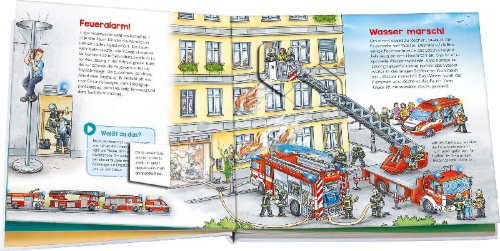 Buchcover und Innenansicht für das Buch: BOOKii® WAS IST WAS Kindergarten Komm mit zur Feuerwehr!