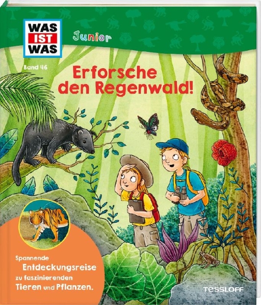 Buchcover und Innenansicht für das Buch: WAS IST WAS Junior Band 46 Erforsche den Regenwald!