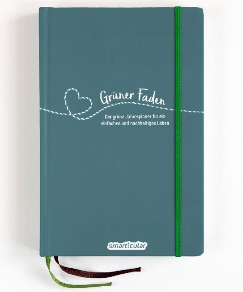 Buchcover und Innenansicht für das Buch: Grüner Faden (Ozean) - Der grüne Jahresplaner für mehr Nachhaltigkeit und ein einfaches Leben