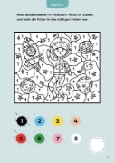 Buchcover und Innenansicht für das Buch: Rechenrätsel für mutige Kinder - Abenteuer Weltraum