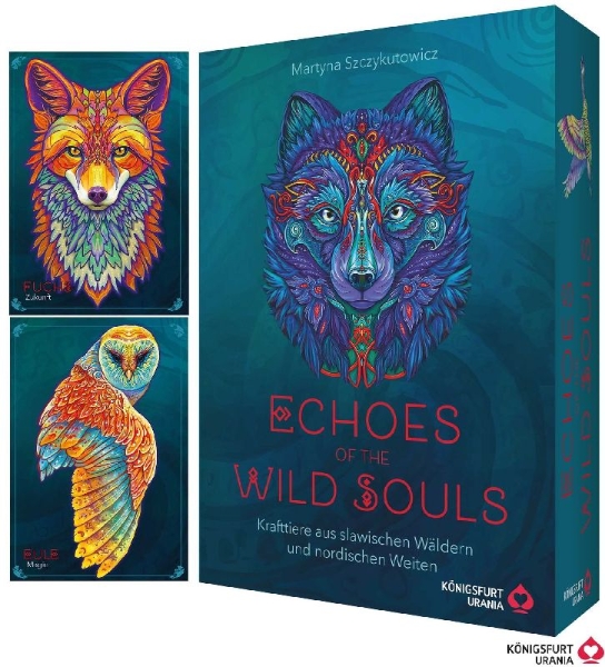 Buchcover und Innenansicht für das Buch: Echoes of the Wild Souls - Krafttiere aus den slawischen Wäldern und nordischen Weiten (Orakelkarten - Krafttierkarten)