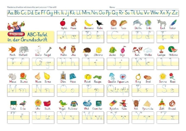 Buchcover und Innenansicht für das Buch: Fragenbär-Lerntafel: ABC-Tafel in der Grundschrift, 32 x 22,5 cm