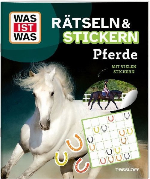 Buchcover und Innenansicht für das Buch: WAS IST WAS Rätseln und Stickern: Pferde