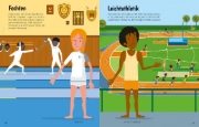Buchcover und Innenansicht für das Buch: Mein Anzieh-Stickerbuch: Sportarten aus aller Welt