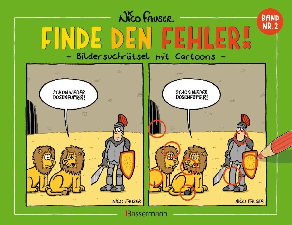 Buchcover und Innenansicht für das Buch: Finde den Fehler - Band Nr.2 - Bildersuchrätsel mit Cartoons