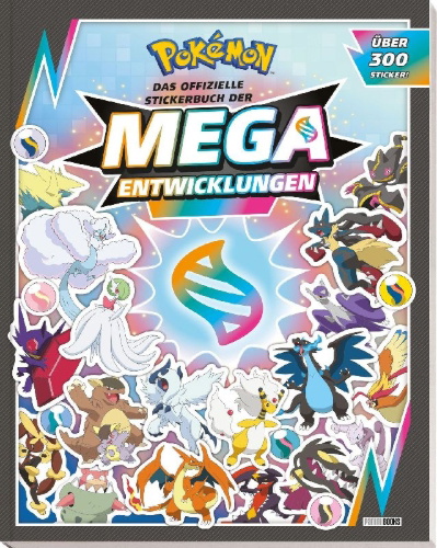Buchcover und Innenansicht für das Buch: Pokémon: Das offizielle Stickerbuch der Mega-Entwicklungen