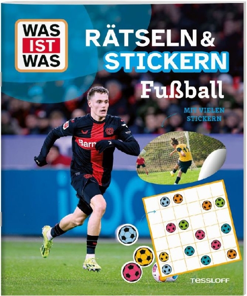Buchcover und Innenansicht für das Buch: WAS IST WAS Rätseln und Stickern: Fußball