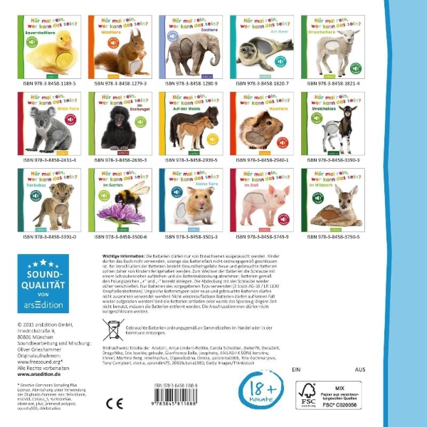 Buchcover und Innenansicht für das Buch: Hör mal rein, wer kann das sein? Lieblingstiere