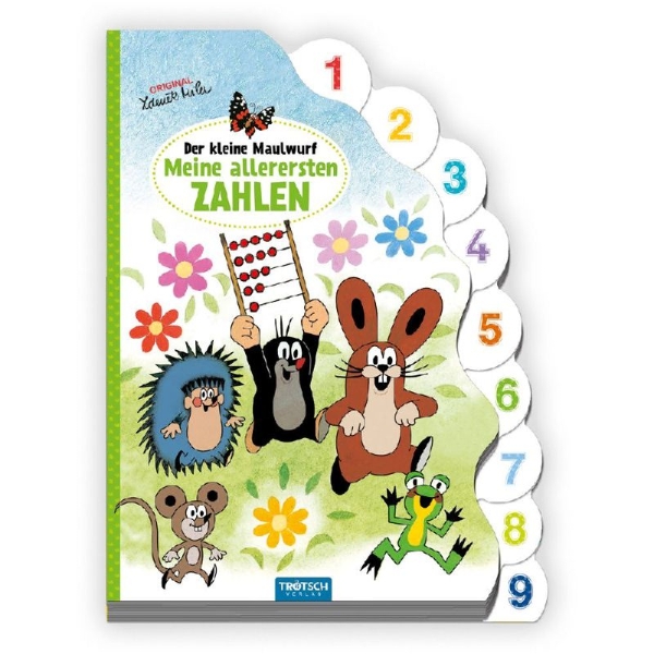 Buchcover und Innenansicht für das Buch: Trötsch Der kleine Maulwurf Pappbilderbuch mit Register Meine allerersten Zahlen