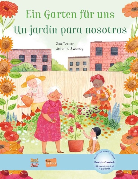 Buchcover und Innenansicht für das Buch: Ein Garten für uns. Deutsch-Spanisch