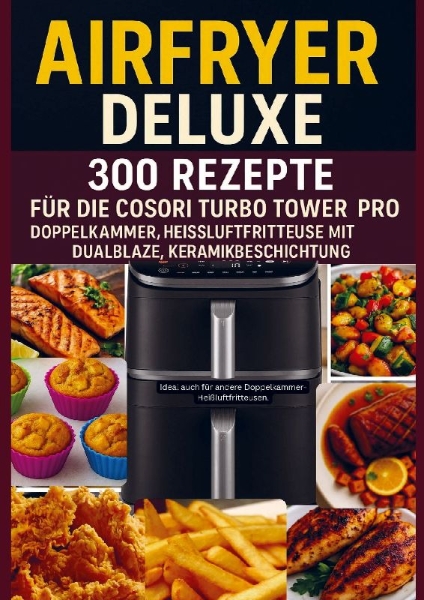 Buchcover und Innenansicht für das Buch: Airfryer Deluxe: 300 Rezepte für die COSORI Turbo Tower Pro - Doppelkammmer-Heißluftfritteuse mit DualBlaze, Keramikbeschichtung