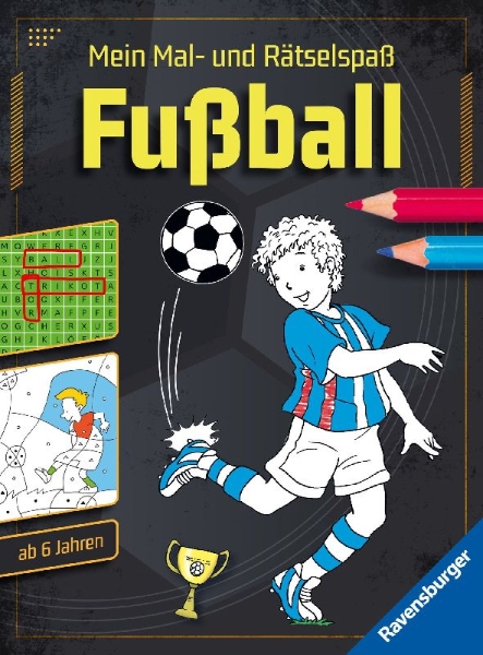 Buchcover und Innenansicht für das Buch: Mein Mal- und Rätselspaß: Fußball