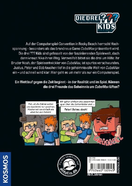 Buchcover und Innenansicht für das Buch: Die drei ??? Kids, Geheimnis um CubeMax