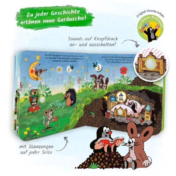 Buchcover und Innenansicht für das Buch: Trötsch Der kleine Maulwurf Soundbuch Was hörst du da