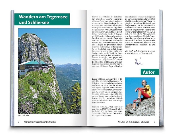Buchcover und Innenansicht für das Buch: KOMPASS Wanderführer Tegernsee, Schliersee, 60 Touren mit Extra-Tourenkarte