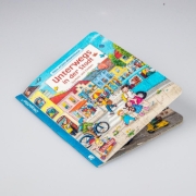Buchcover und Innenansicht für das Buch: Unkaputtbar: Mein erstes Wimmelbuch: Unterwegs in der Stadt