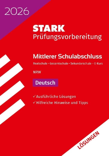 Buchcover und Innenansicht für das Buch: STARK Lösungen zu Deutsch E-Kurs - Mittlerer Schulabschluss (MSA) 2026 NRW - Prüfungsvorbereitung