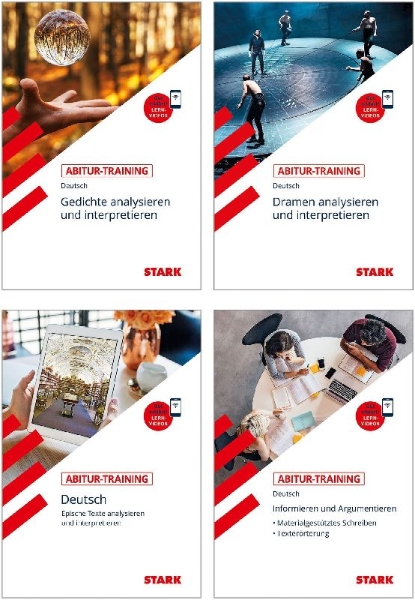 Buchcover und Innenansicht für das Buch: STARK Abitur-Training Deutsch - Erörtern und Sachtexte + Lyrik + Epik + Dramen