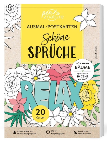 Buchcover und Innenansicht für das Buch: Ausmal-Postkarten Schöne Sprüche | 20 Karten