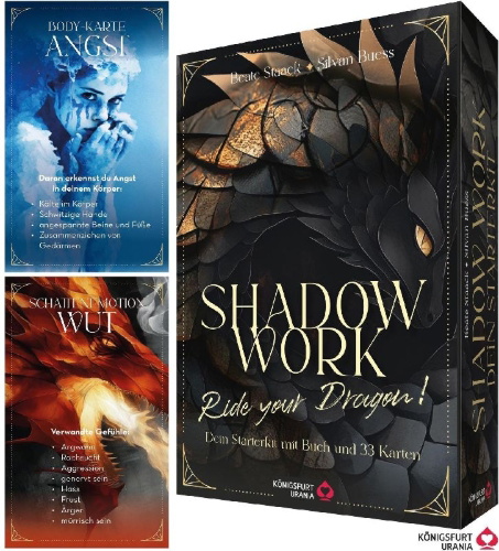 Buchcover und Innenansicht für das Buch: Shadow Work - Ride your Dragon! Dein Starterkit mit Buch und 33 Karten