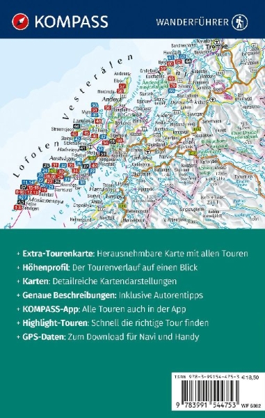 Buchcover und Innenansicht für das Buch: KOMPASS Wanderführer Lofoten, Vesterålen und Senja, 70 Touren mit Extra-Tourenkarte