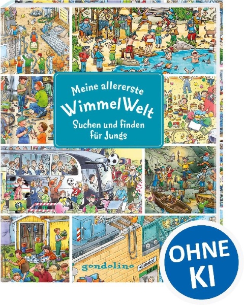 Buchcover und Innenansicht für das Buch: Meine allererste WimmelWelt - Suchen und finden für Jungs