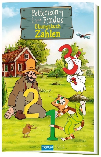 Buchcover und Innenansicht für das Buch: Trötsch Pettersson und Findus Zahlen Übungsbuch