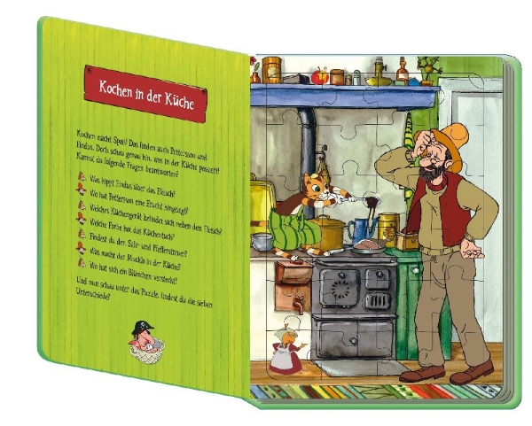 Buchcover und Innenansicht für das Buch: Trötsch Pettersson und Findus Puzzlebuch