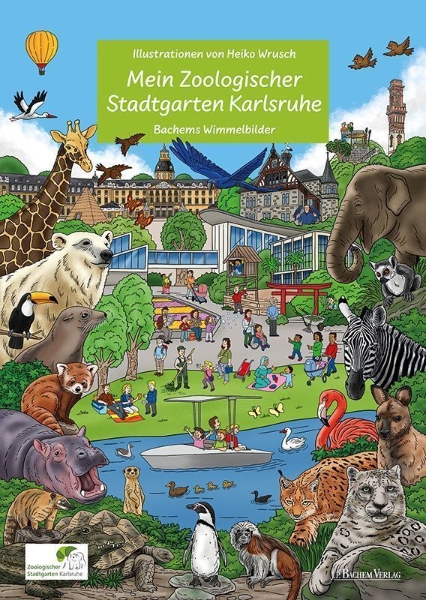 Buchcover und Innenansicht für das Buch: Mein Zoologischer Stadtgarten Karlsruhe - Wimmelbilderbuch für Kinder mit liebevollen Illusttrationen von Heiko Wrusch