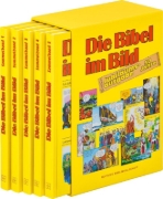 Buchcover und Innenansicht für das Buch: Comic-Reihe "Die Bibel im Bild". 50 Jahre-Jubiläumsausgabe. Kinderbuch-Klassiker ab 8 Jahren mit Geschichten aus dem Alten und Neuen Testament als Comics. 5 Sammelbände im Schuber