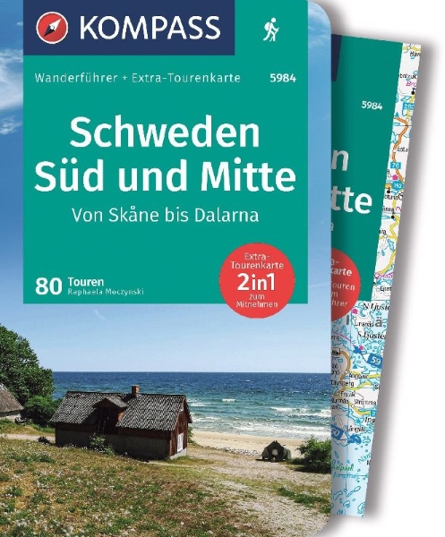 Buchcover und Innenansicht für das Buch: KOMPASS Wanderführer Schweden Süd und Mitte, Von Skåne bis Dalarna, 80 Touren mit Extra-Tourenkarte