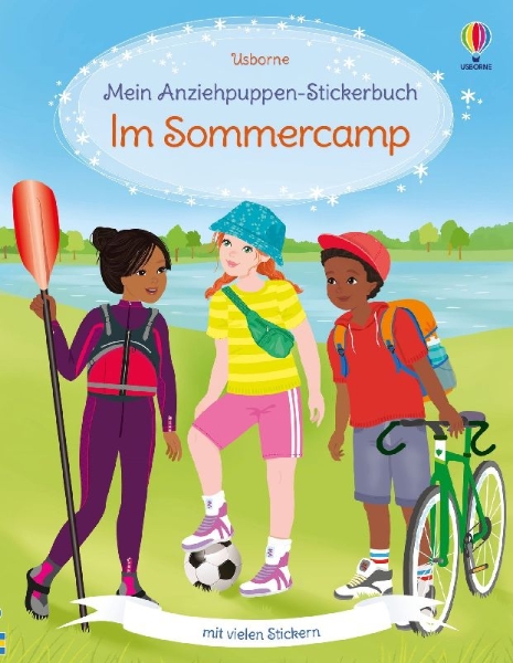 Buchcover und Innenansicht für das Buch: Mein Anziehpuppen-Stickerbuch: Im Sommercamp