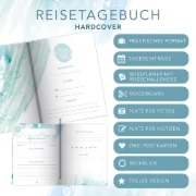 Buchcover und Innenansicht für das Buch: Reisetagebuch zum selber Schreiben inkl. Postkarten, Sammeltasche und herausnehmbaren Reiseplaner. Hardcover Urlaubstagebuch mit inspirierenden Zitaten zum Ausfüllen für bis zu 3 Wochen, inkl. Reisetipps. Stay Inspired! by Lisa Wirth