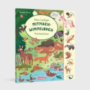 Buchcover und Innenansicht für das Buch: Mein lustiges Mitmach-Wimmelbuch: Tierfamilien