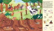 Buchcover und Innenansicht für das Buch: Mein lustiges Mitmach-Wimmelbuch: Tierfamilien