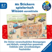 Buchcover und Innenansicht für das Buch: Wieso? Weshalb? Warum? Stickerheft: Fahrzeuge auf der Baustelle